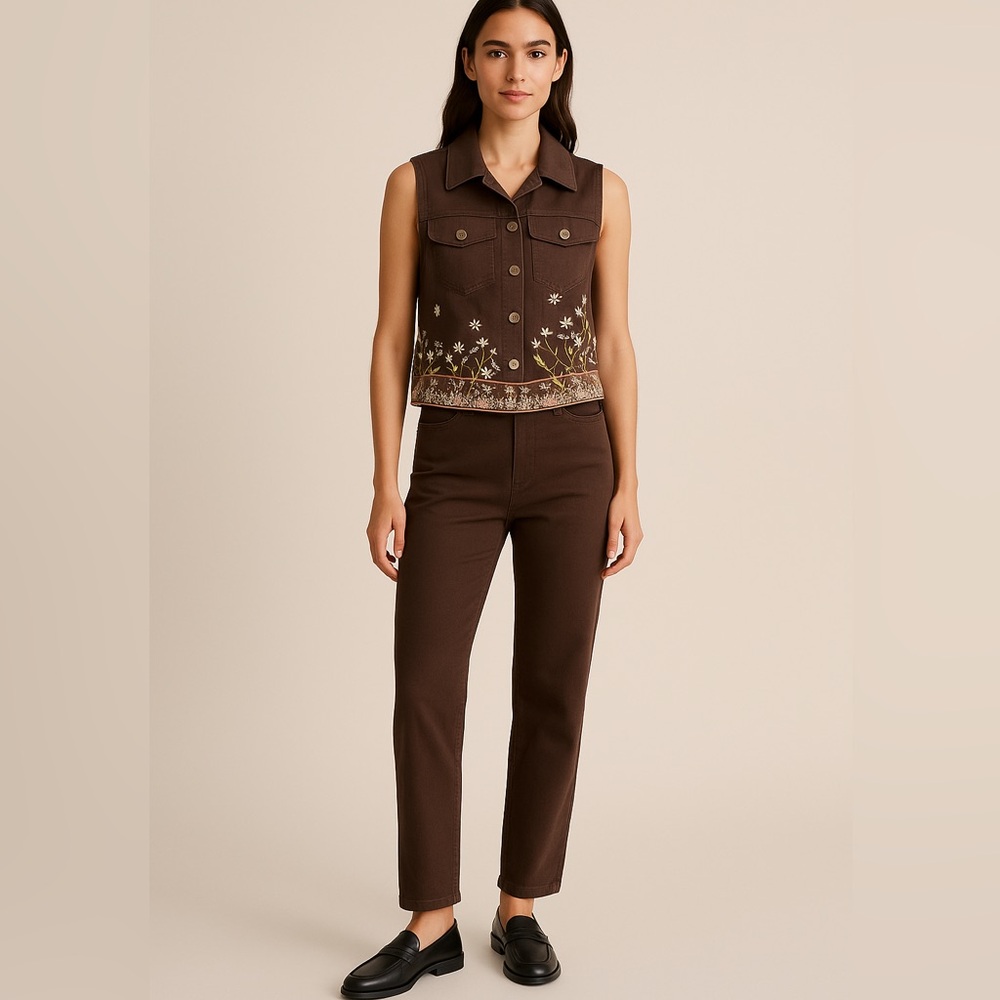 Vintage Susan Bristol Embroidered Ribbon Trim Vest & Pants Set Brown 8P MP